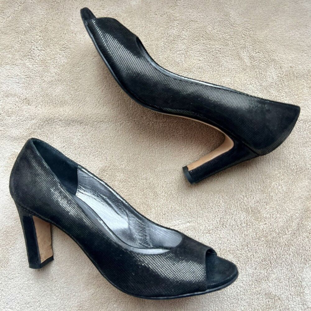 Taryn Rose Patterned Black Leather Peep Toe Block‎ Heels Women EU 37 US 6.5 - 7
